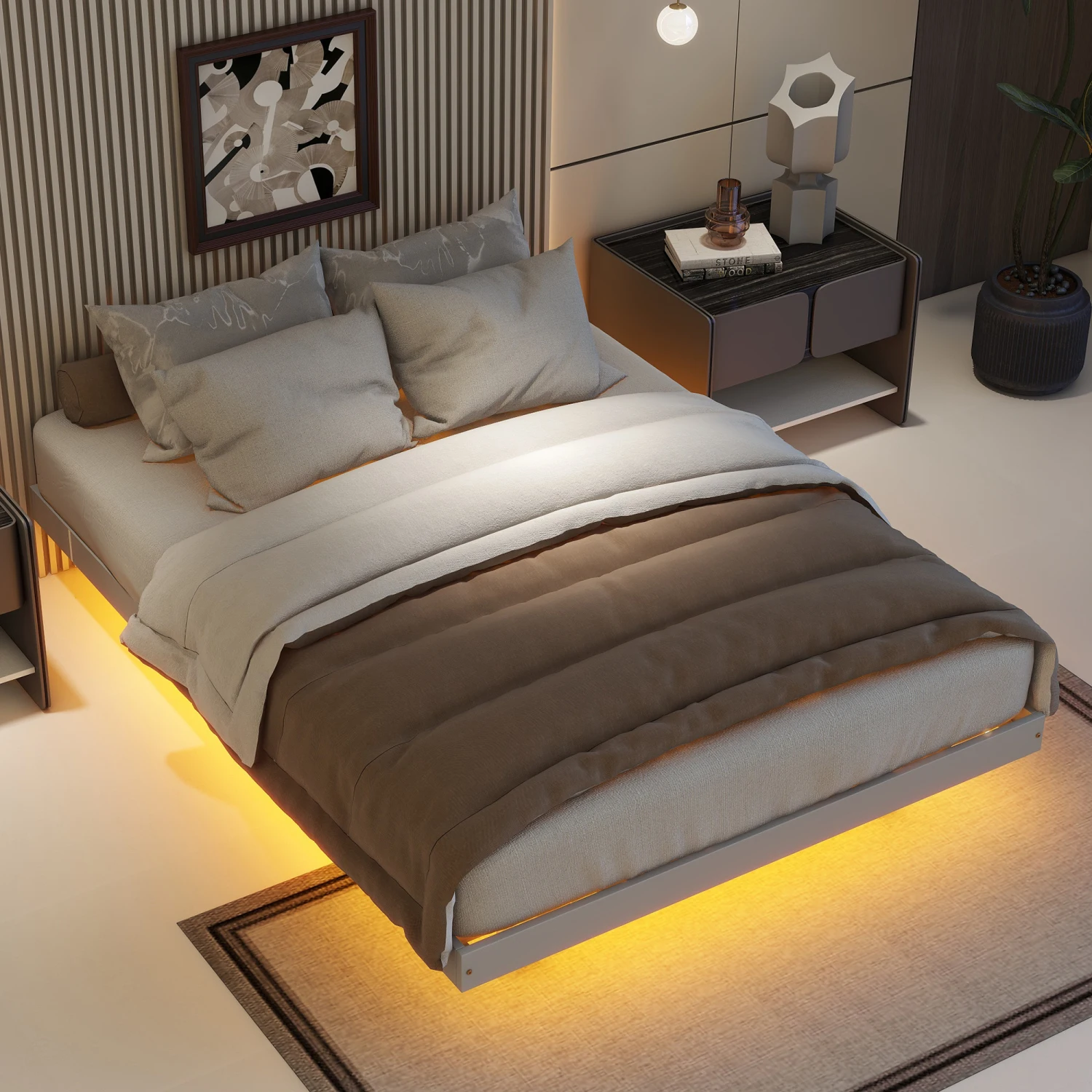 

Full Size Floating Bed with LED Lights Underneath,Modern Full Size Low Profile Platform Bed with LED Lights,Grey