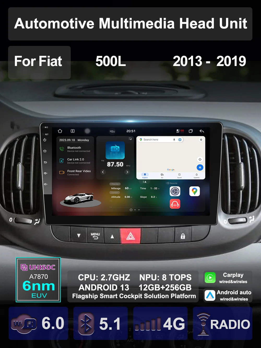 For Fiat 500L 2013 2014 2015 2019 Car Multimedia Carplay Android Auto GPS stereo Radio Video Palyer 10 Inch Head Unit