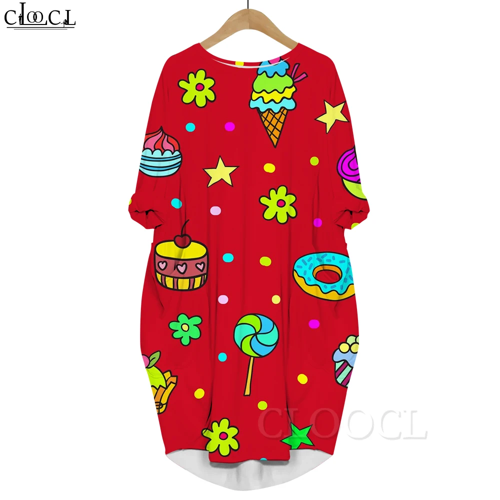 Cloocl Harajuku Mode kleid leckeres Kuchen muster 3d gedruckt lose Freizeit kleider Langarm mit Tasche Frauen kleid