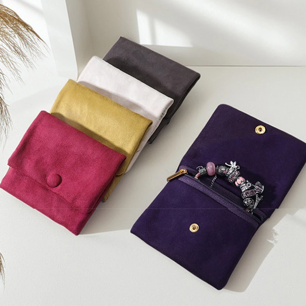 Microfiber Velvet Jewelry Packaging Bag with Snap Flap and Inner Zipper Storage Pouch for Bracelet Rosary Rings Pendant Earrings