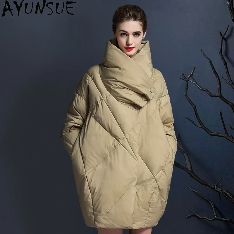 AYUNSUE White Duck Down Puffer Jacket Women 2024 Winter Luxury Clothes Mid Length Down Coats Oversize Outerwears Пуховик Женский