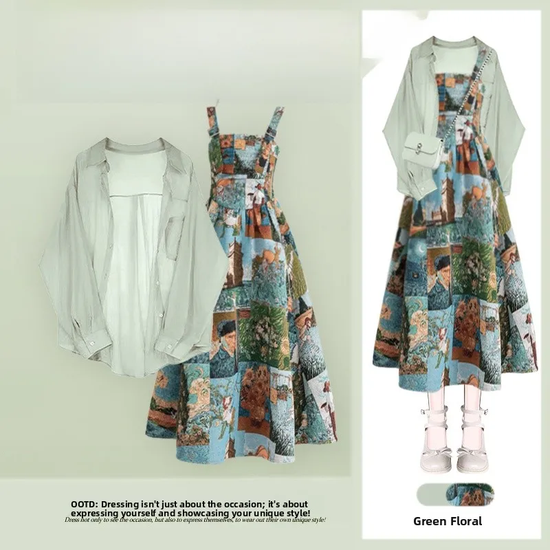 

Летний женский комплект: тонкое платье с защитой от солнца и винтажное платье на бретельках с принтом в стиле масляной живописи, комплект из двух предметов во французском стиле с длинными рукавами