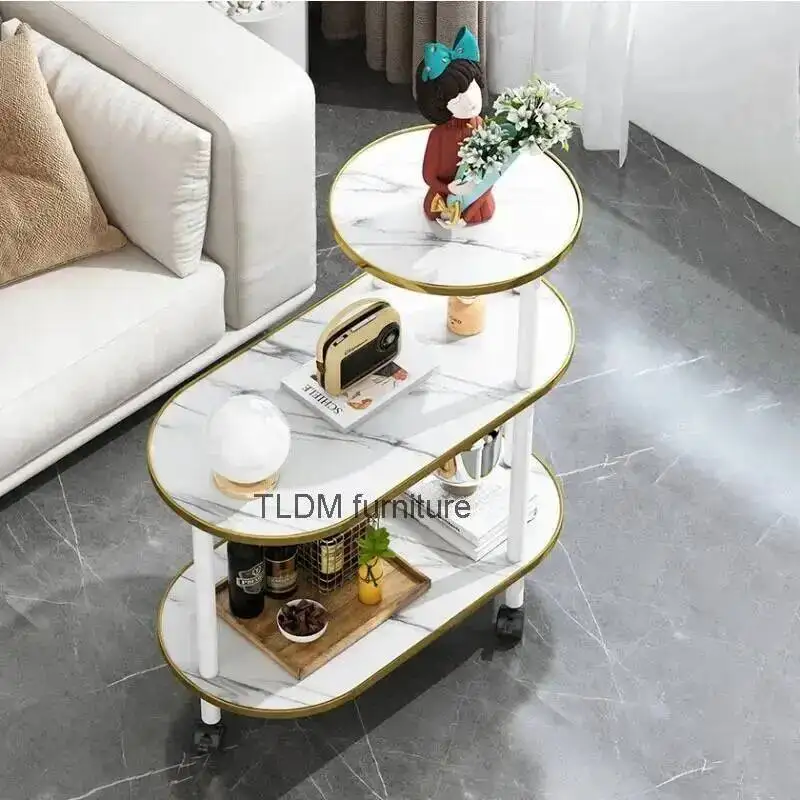 Wood Nordic Coffee Tables Home Coffee Shop Side Table Small Apartment Corner Table Multi-layer Storage Removable Pulley Desk