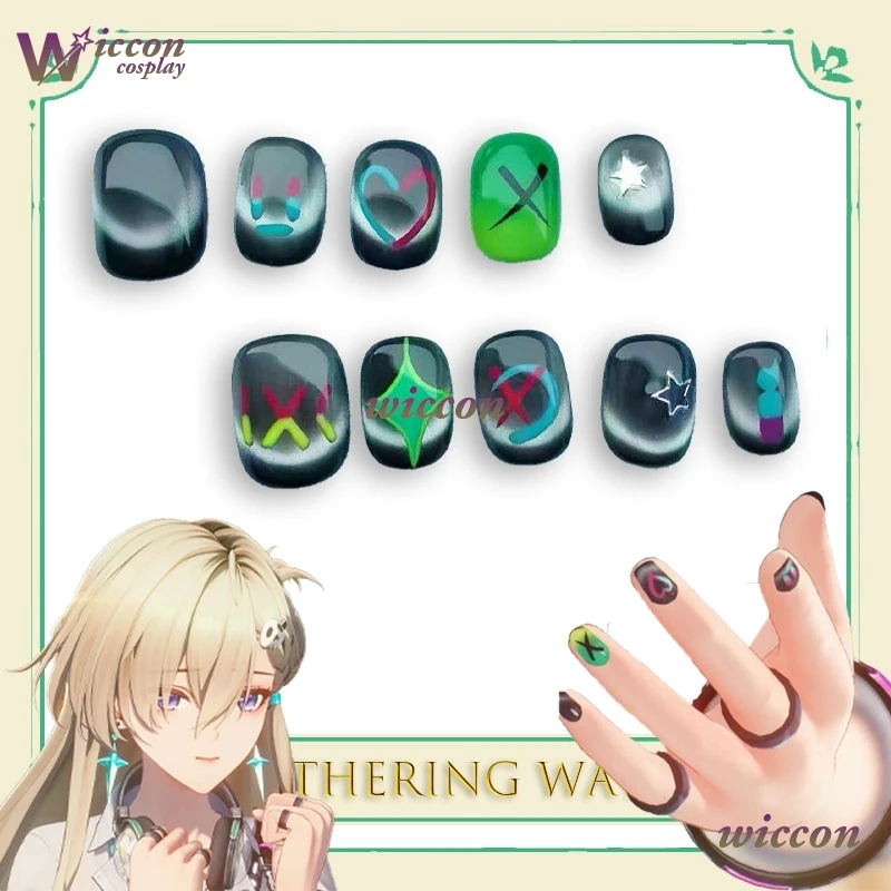 Накладные ногти SAIK Wuthering Waves lynae Inspired Game Press On Nails, короткие, квадратные, с черной основой, с бабочками, для милых девушек, накладные ногти для педикюра, косплей ‌ ‌ ‌