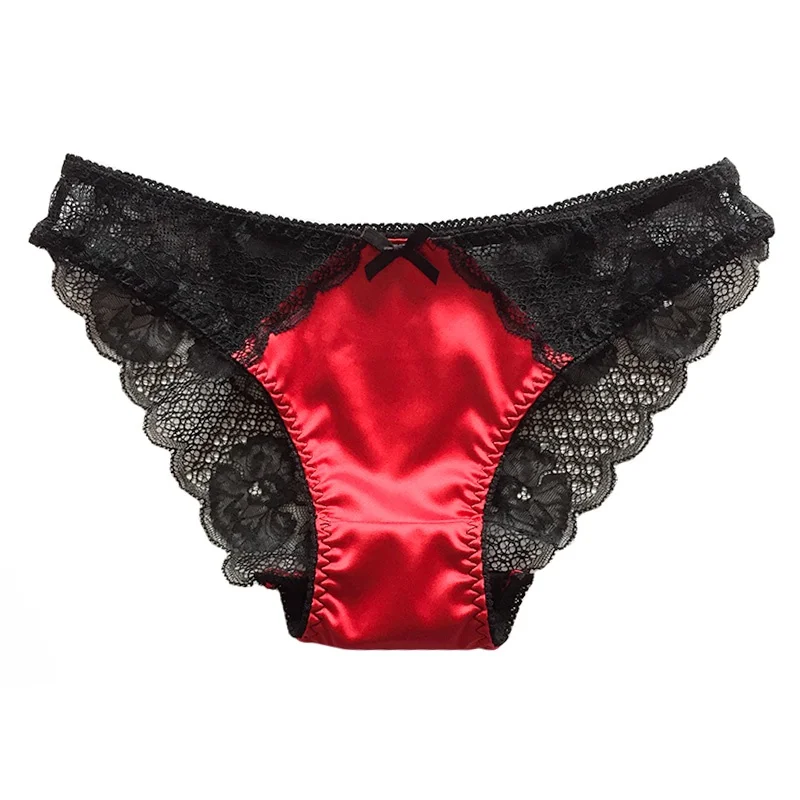 Sexy Low Waist Silk Lace Trim Underwear Comfortable Women's Panties See Through Bow Briefs Breathable Quick Dry Underpants