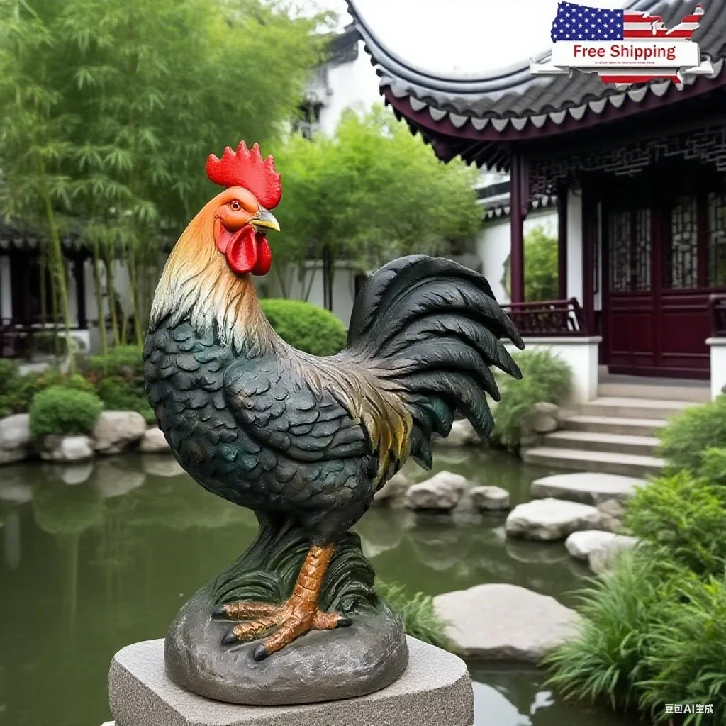

GFRC Rooster Statue - 22.8" Durable Concrete Chicken Sculpture for Patio, Backyard & Outdoor Garden Decor.