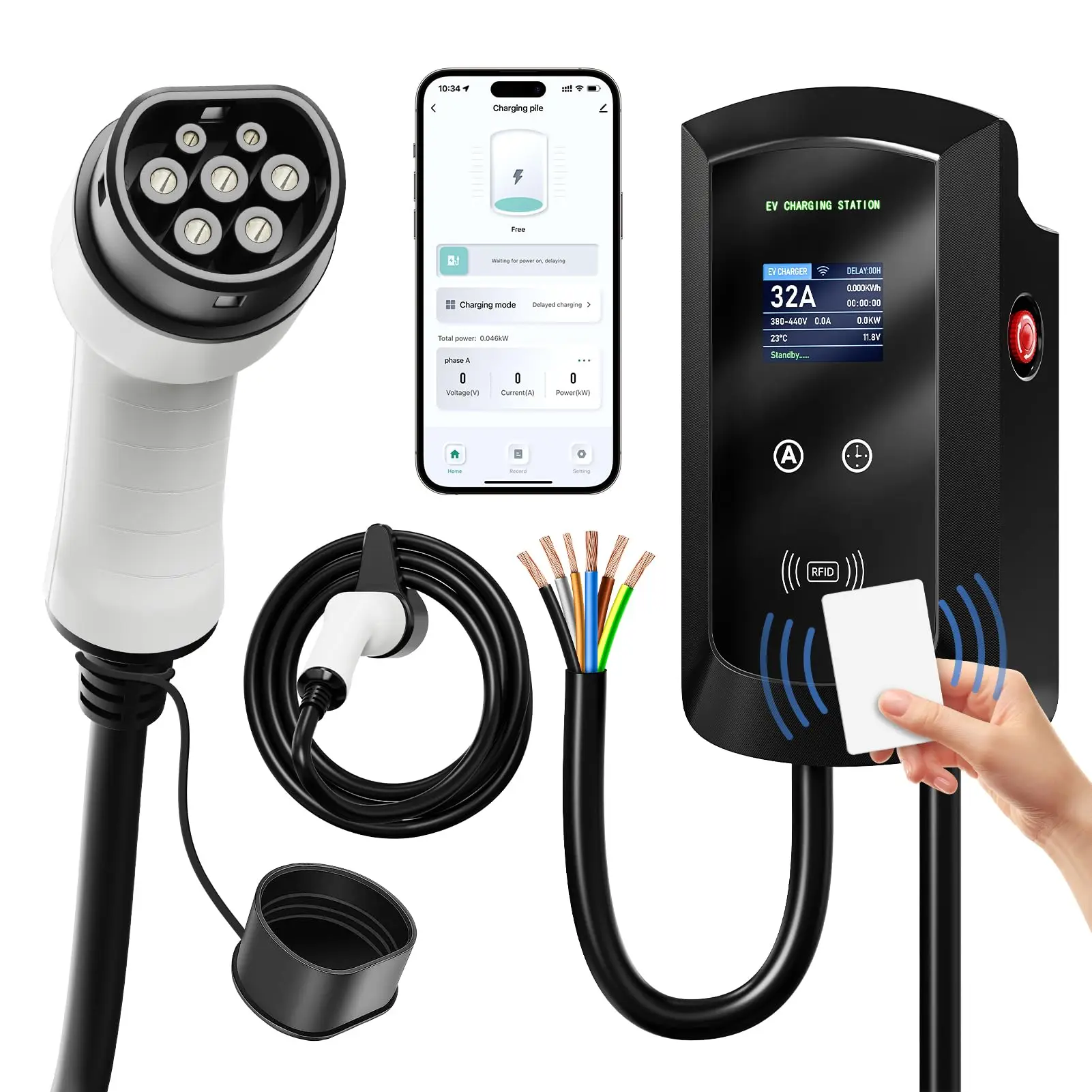 EV Charging Station 32A Electric Vehicle Car Charger EVSE Wallbox Wallmount 7.6/11/22KW Type2 Cable IEC62196 APP Control