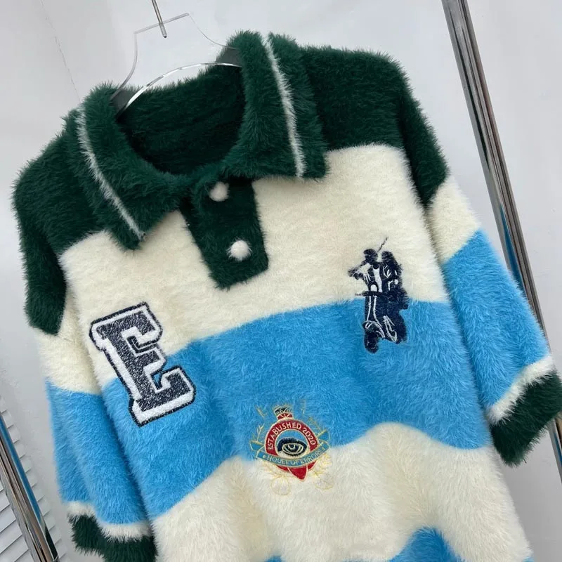 Y2K Streetwear Men Plush Striped Polo Shirt Sweater Cartoon Embroidery Loose House of Errors Short Sleeve Knit Tops