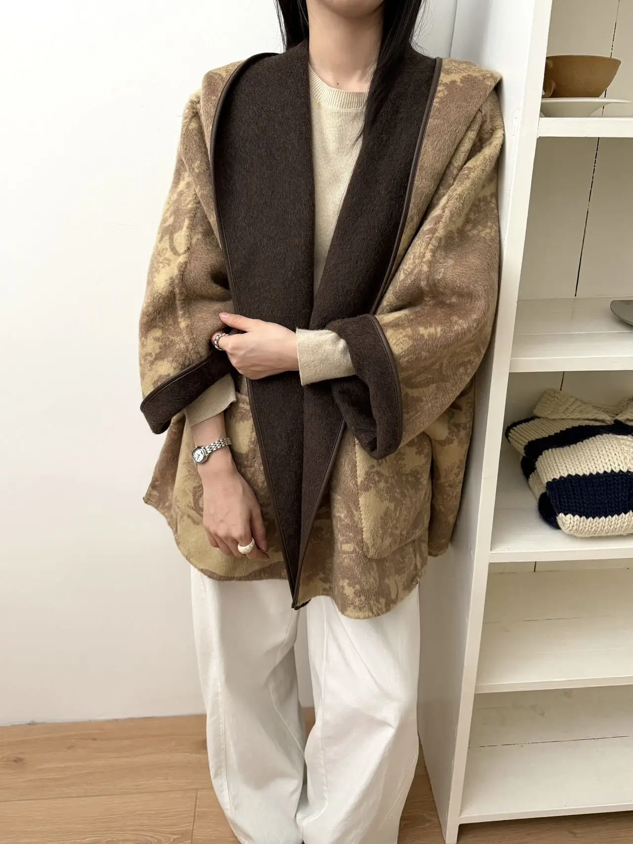 Women Reversible Printed Hooded Double Face Wool Coat Loose Thick Warm Woolen Outerwear Two Sides Wear Autumn Winter Overcoat