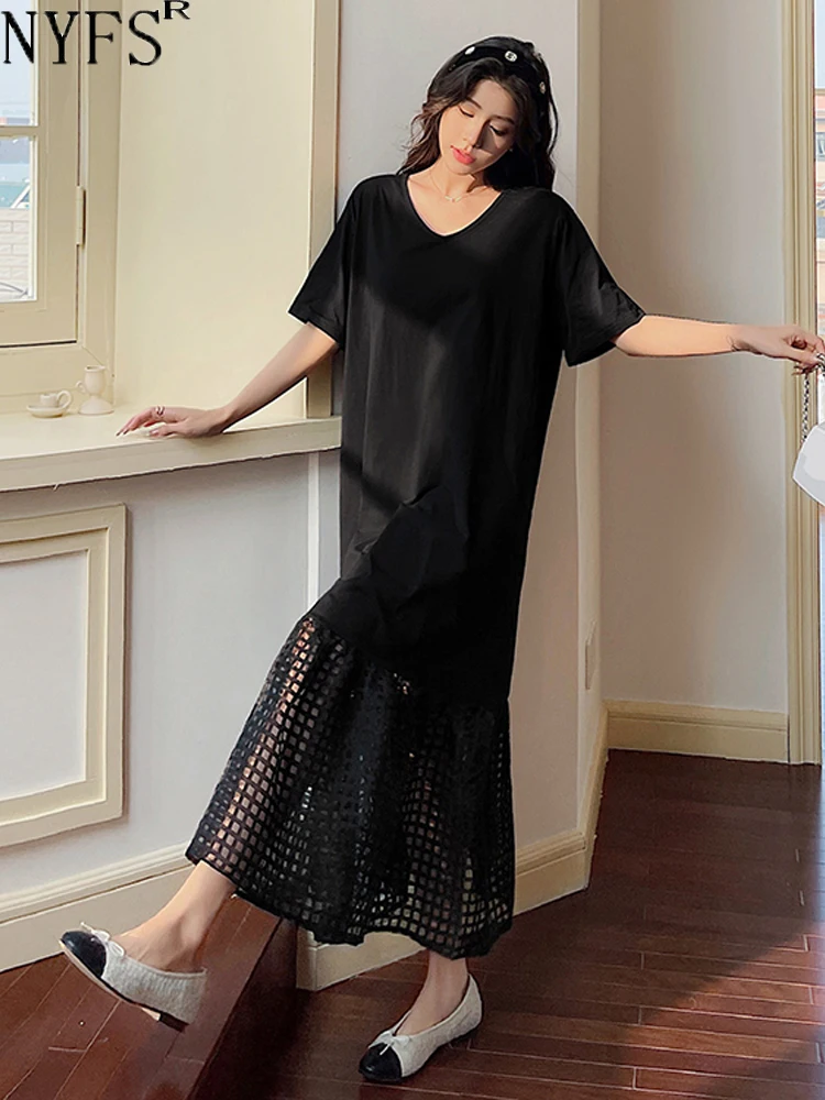 

NYFS 2024 Summer New Korea Woman Dresses Vestidos Robe Elbise Loose Plus Size Short Sleeve Patchwork Black Hem Mermaid Dress