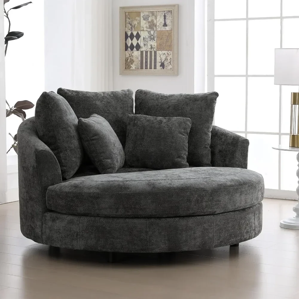 Oversized Round Accent Barrel Chair with Wheels and 5 Pillows for Living Room, Chenille Fabric, Grey, 59.8 