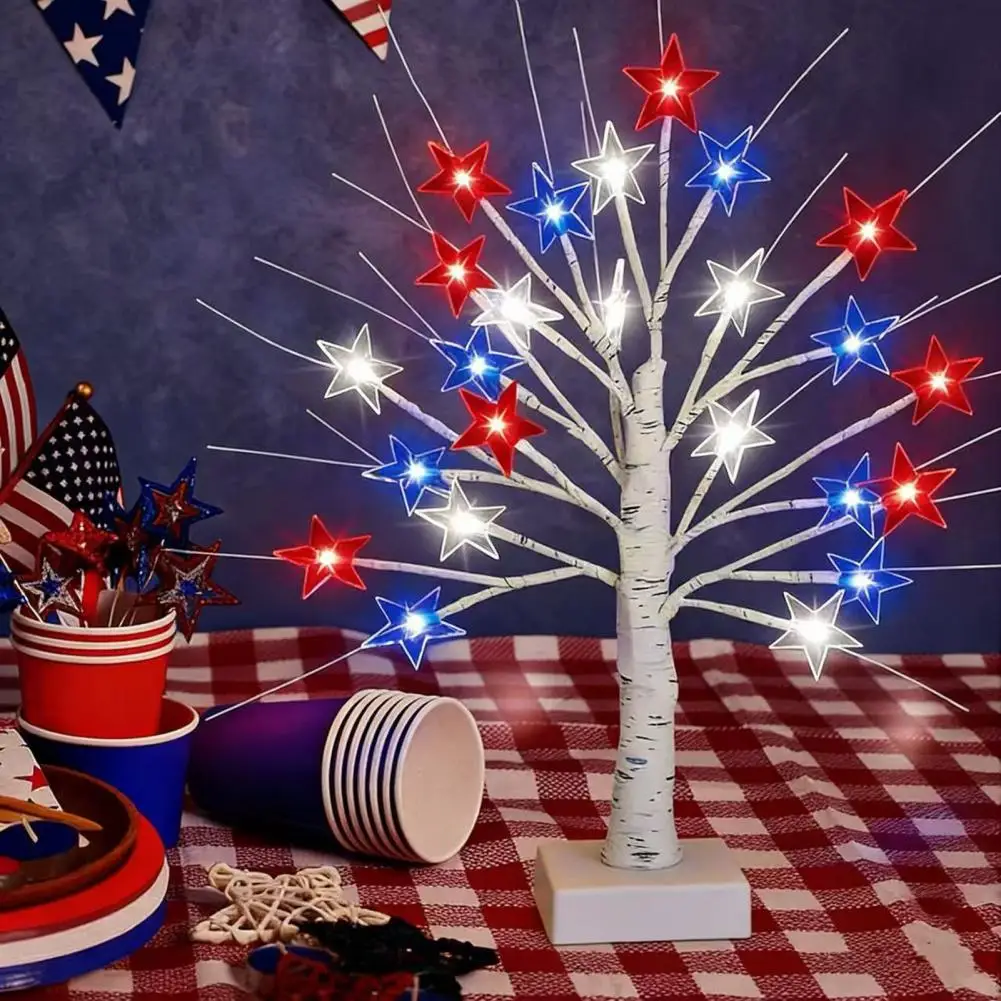 July 4th Led Lights White Blue String Lights Independence Day Led Star Tree Decoration 18-inch Patriotic Tabletop Light with 24