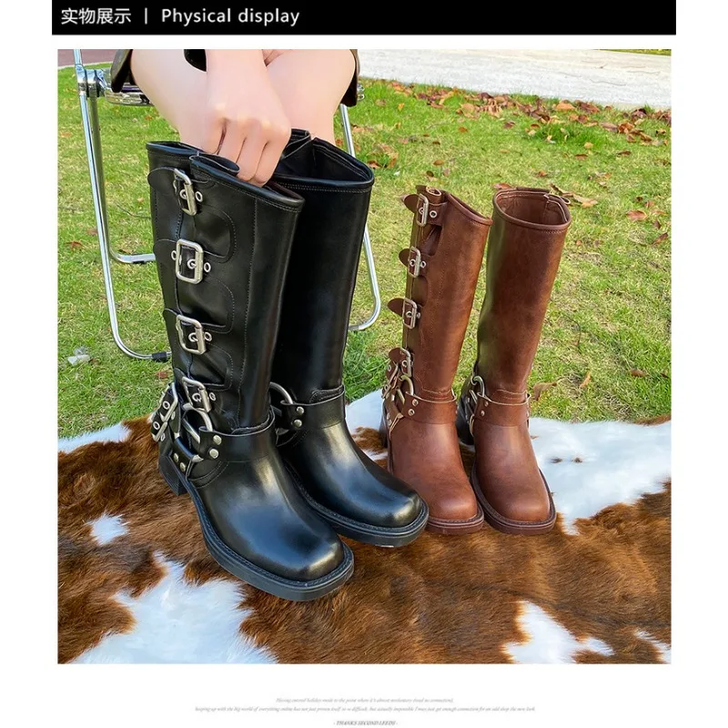 Women\'s High Platform Boots Metal Buckle Thick Heel Motorcycle Boots Vintage Soft Leather Punk Boot Brown Leather Knight Boot