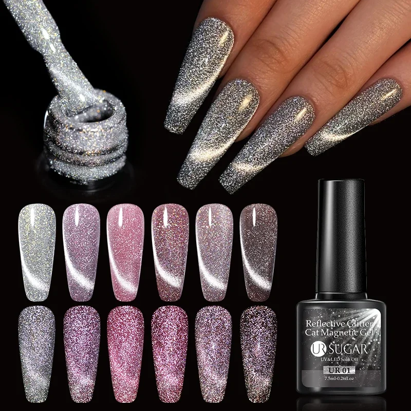 UR SUGAR Reflective Cat Magnetic Gel Polish - Silver Shining Iridescent Effect UV Varnish