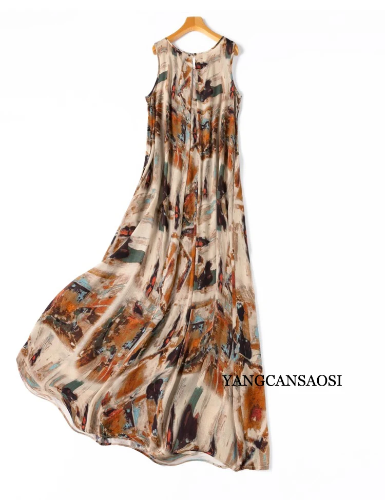 Artistic Oil Painting 100% Natural Mulberry Silk Crepe De Chine Women's Vacation Style Round Neck Sleeveless Vest Dress