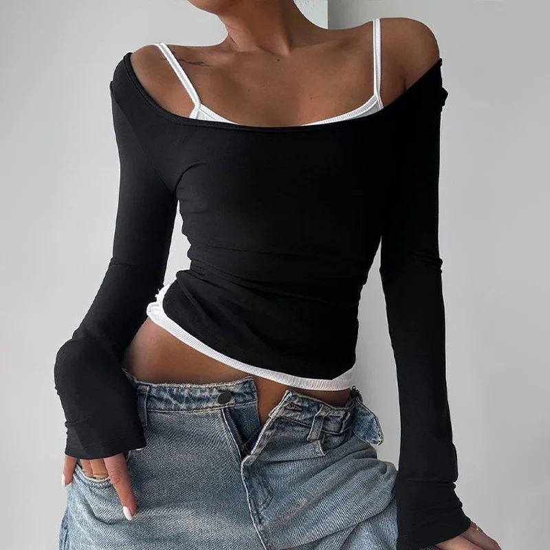 Lady Cloth Autumn. New Design Stiglich Patchwork Top T-shirt Hot Girl Two-piece Set With Contrasting Long Keys Y2k、