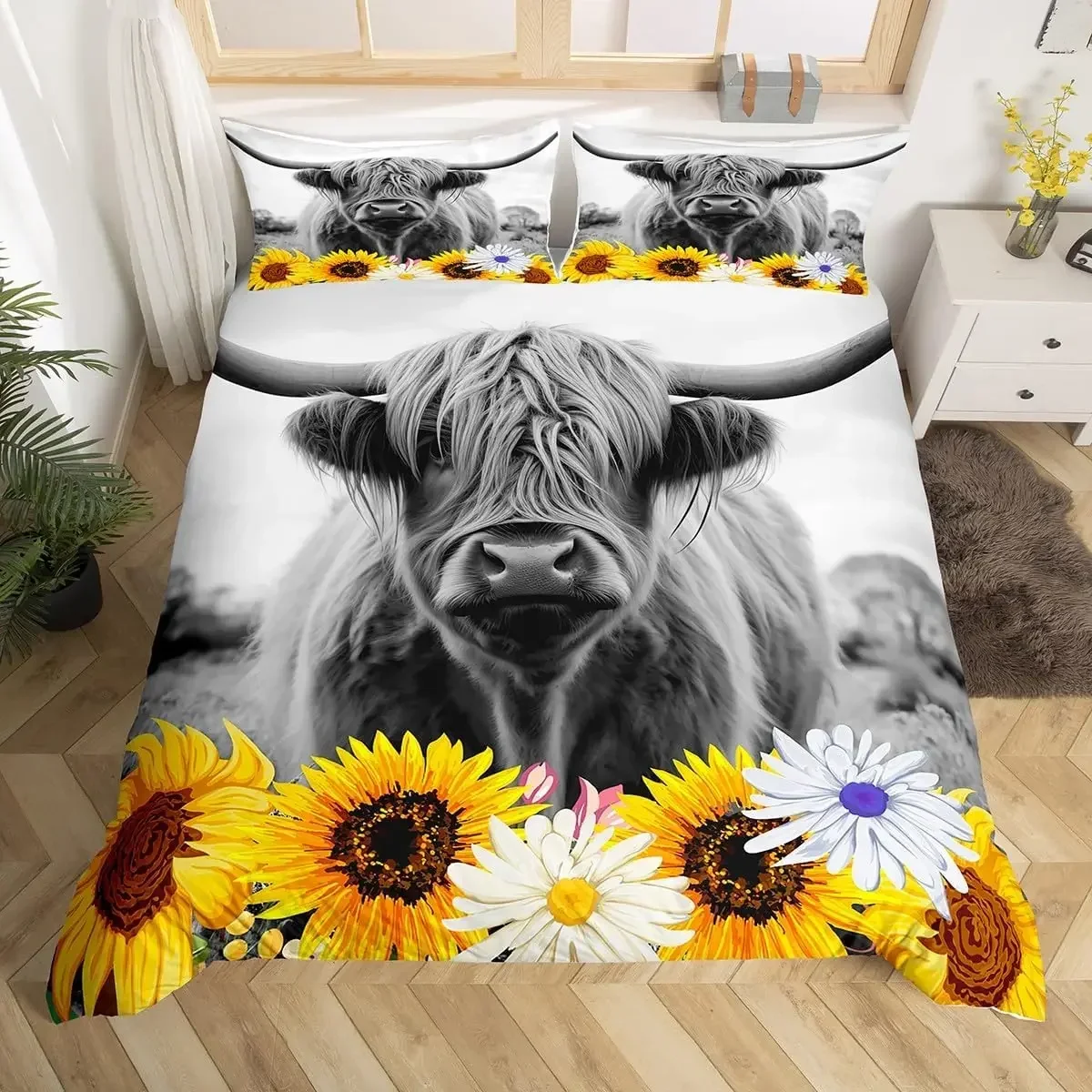 Highland Cow Duvet Cover King Sunflower Farm Animal Bedding Set Cute Highland Cattle Floral Quilt Cover Rustic Farmhosue Decor