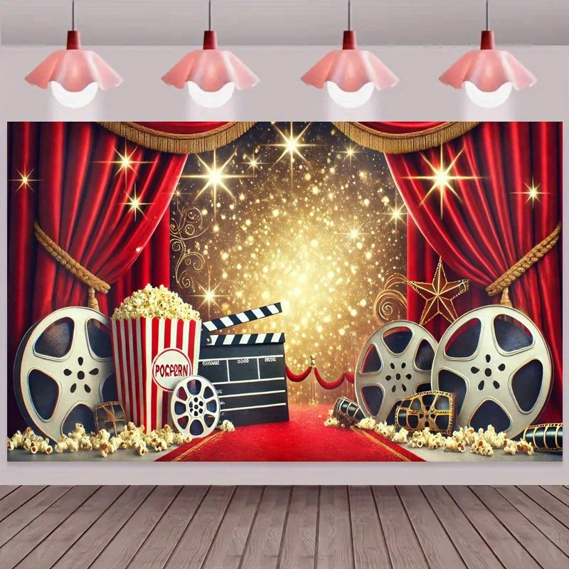 1 cinema party banner - bright red curtains and golden star design, perfect for holiday celebrations