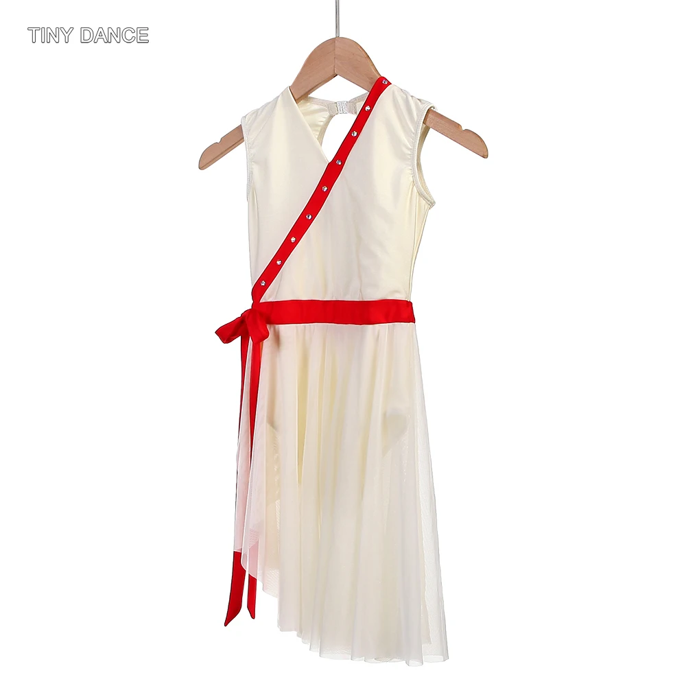 女の子用 アイボリー スパンデックス Vネック ボディース バレエドレス リリカル コンテンポラリー ダンス パフォーマンス コスチューム 25175