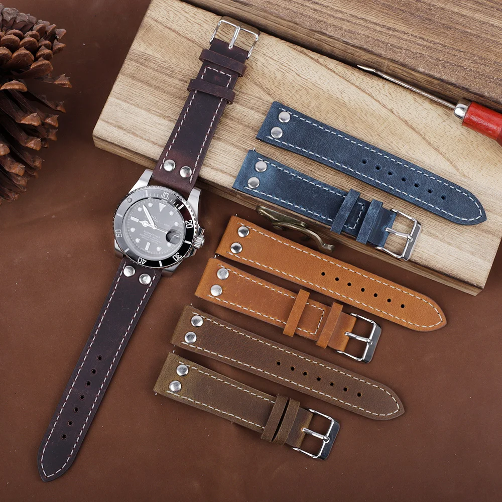 Vintage Real Leather Watch Strap 18mm 19mm 20mm 21mm 22mm 24mm Coffee Brown Rivet Watch Band Pin Buckle Wrist Belt Bracelet Men
