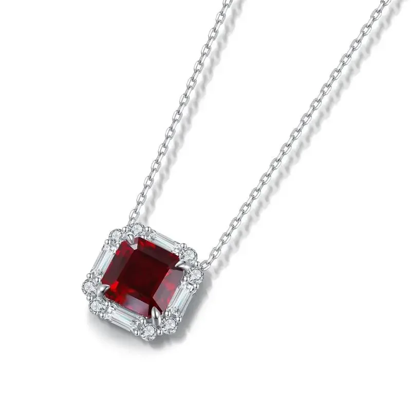 RUIF 2024 Hot Sale S925 Silver Asscher Cut Main Stone 3.3ct Lab Ruby Necklace Party Gifts Fine Women Jewelry