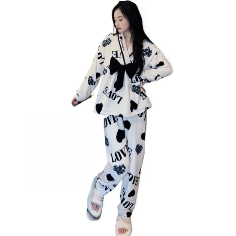 New Pullover Large Size Flannel Home Wear Pajamas  Women Autumn and Winter Coral Velvet Plus Velvet Thickened Warm Sleepwear