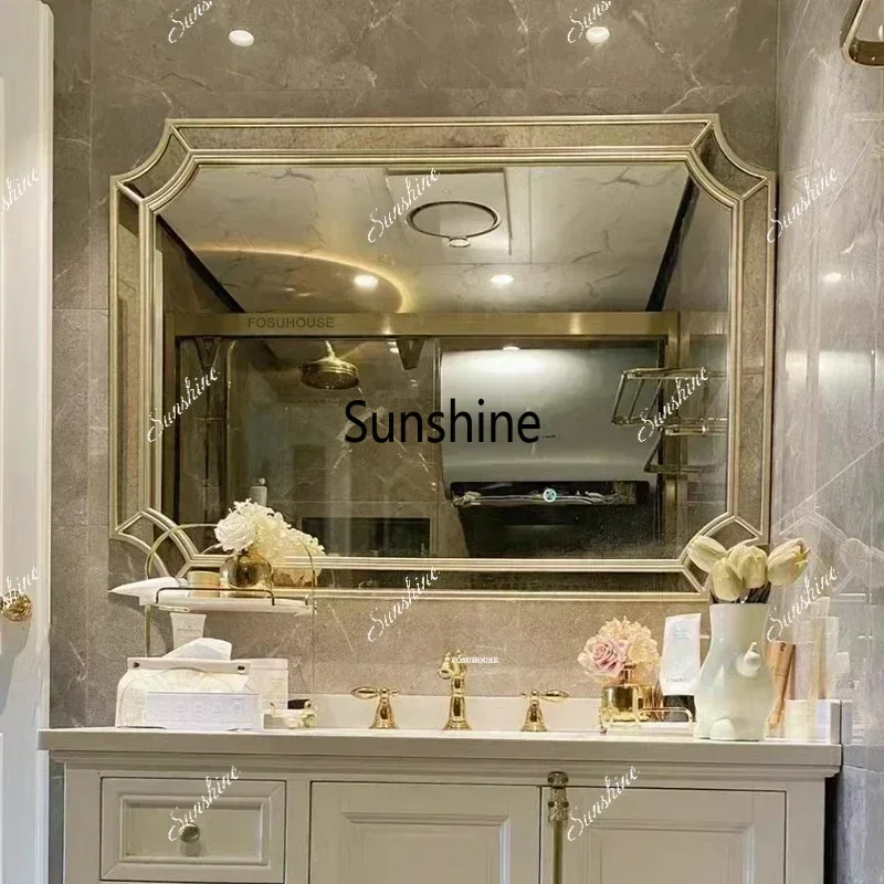 YRetro Wall-mounted Vanity Mirror Nordic Decorative Bath Mirrors European Home Toilet Anti-fog Mirror LED Light Bathroom Mirror