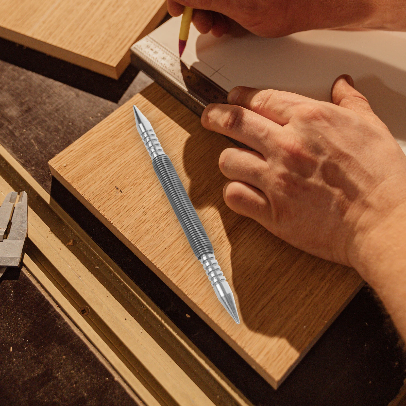 

2PCS Spring Nail Punch Set Carbon Steel Center Hole Drilling Dual Head Setter Hammerless Multi Function Pin Tool