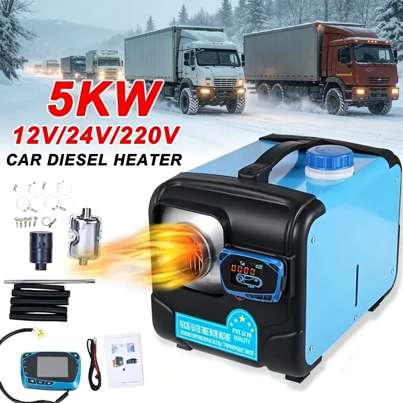 12V 24V 220V Diesel Air Parking Heater 5KW Car Heater Wireless LCD Remote Control Heating Preheater Heater for Car Truck Boat RV