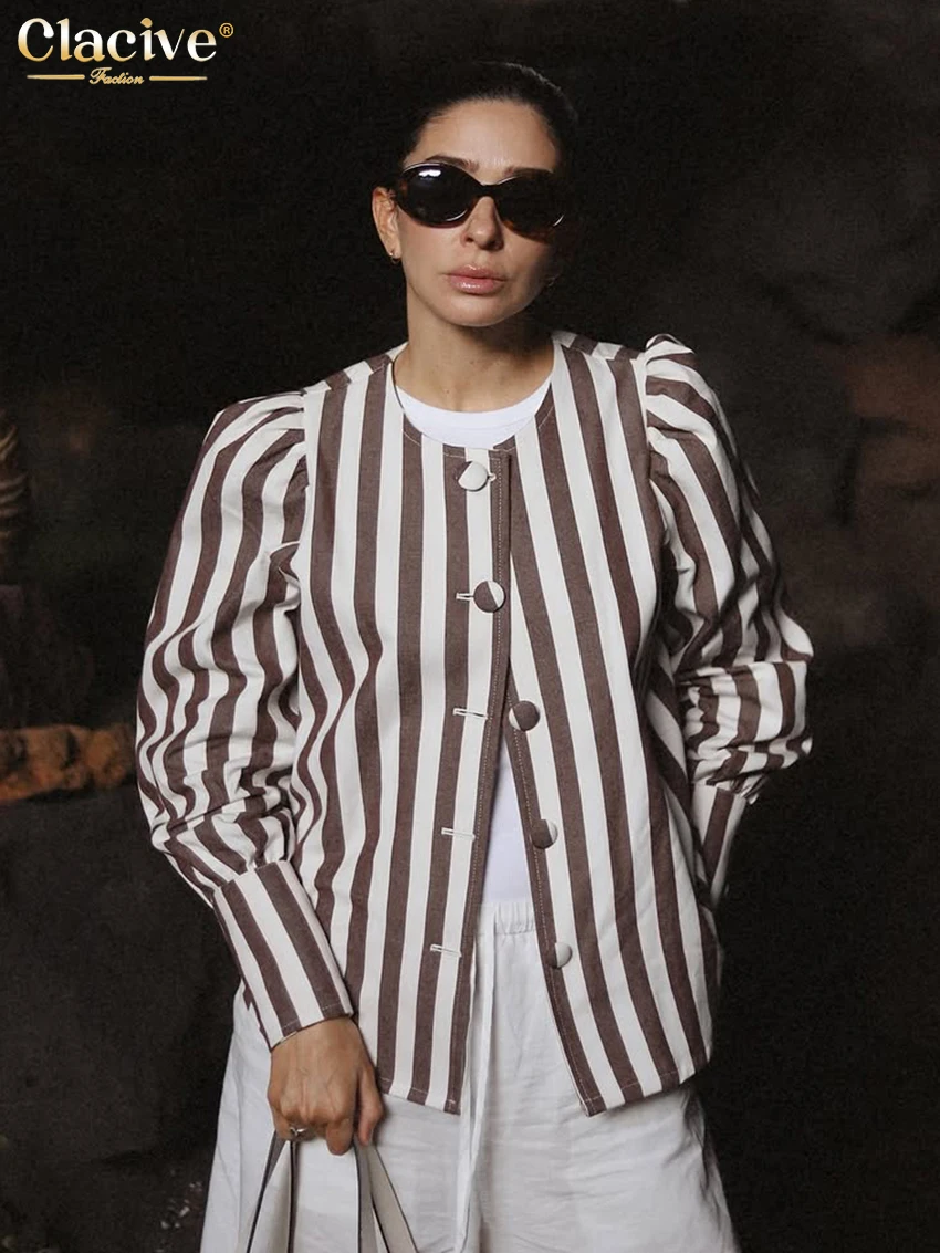 

Clacive Fashion Loose Stripe Print Women's Shirt 2025 Casual O-Neck Long Sleeve Shirts Elegant Classic Tops Female Clothing