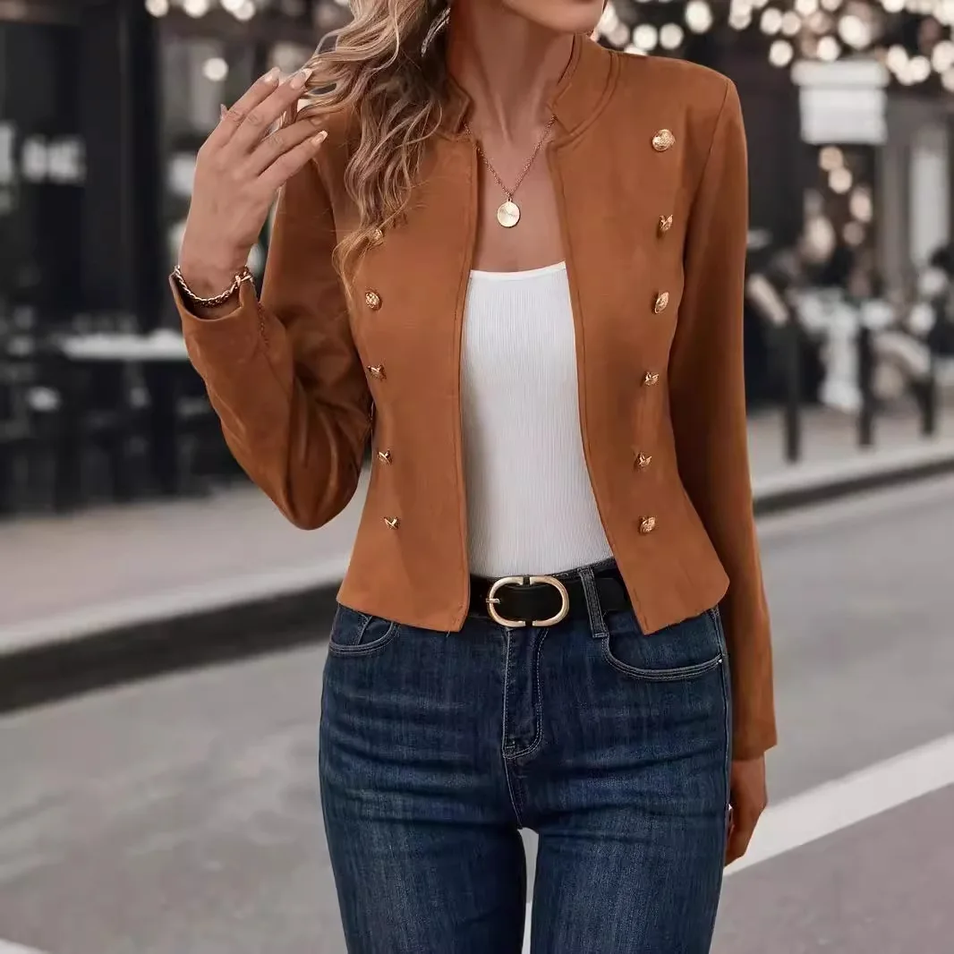 Elegant Ladies Stand Collar Short Coat Double Row Buttons Refined Silhouette Party