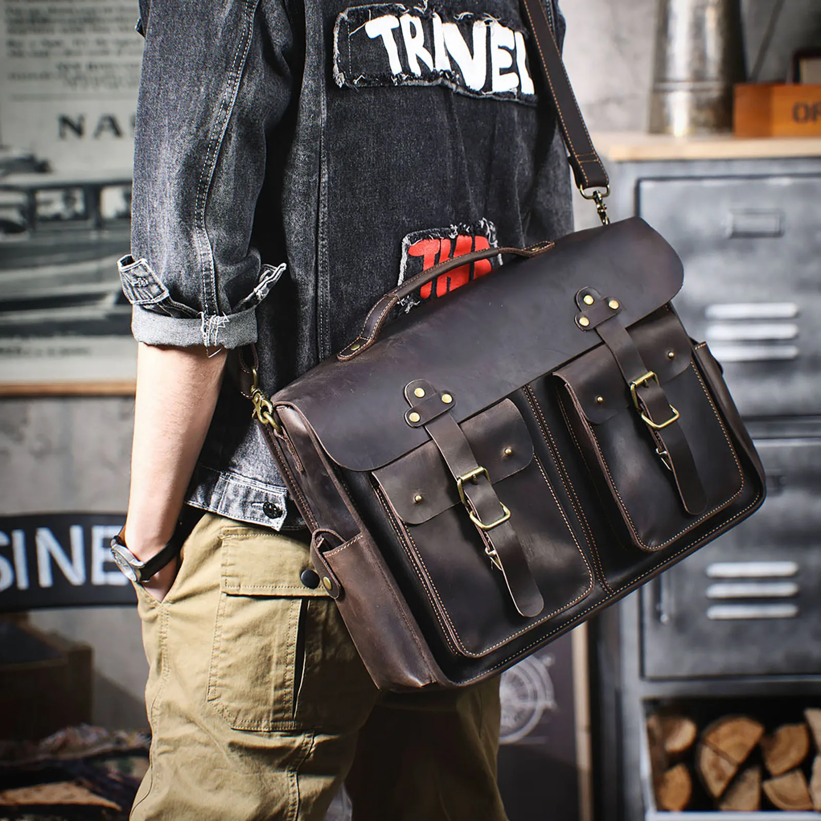 S.WORKER Vintage Echtleder Herren-Aktentasche 16" Laptop-Tasche Crazy Horse Leder Messenger-Handtasche Rindsleder Geschenkidee für Männer – Detail 6