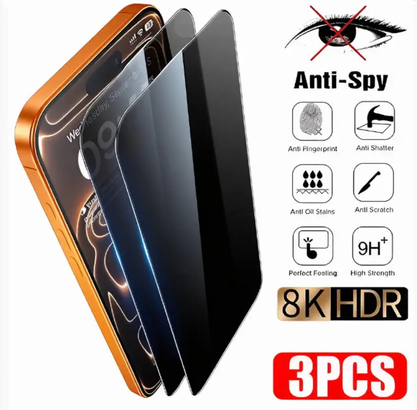 

Комплект из 3 защитных стекол для iPhone 17 Pro Max, 17 Air, 16, 16e, 15, 14 Pro Max: антишпионское защитное стекло для iPhone 17 Pro Max