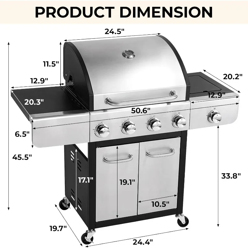 شواية غاز البروبان الخارجية ذات 4 شوايات، مخرج 40000 وحدة حرارية بريطانية من الفولاذ المقاوم للصدأ مع موقد جانبي 12000 وحدة حرارية بريطانية ومقياس حرارة و