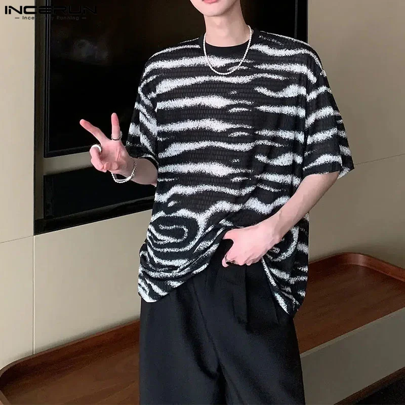 INCERUN Tops 2024 Korean Style Fashion Men\'s Zebra Pattern Perspective Jacquard T-shirt Casual Loose Short Sleeve Camiseta S-5XL