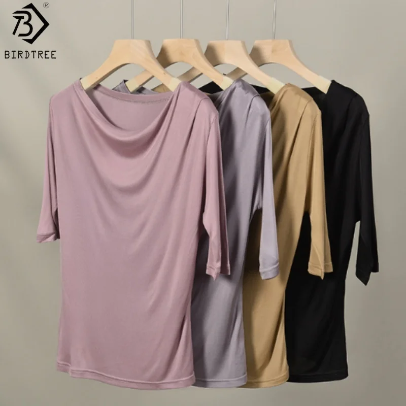 

Birdtree 30% Mulberry Silk 70% Cellulose Fiber T-shirt,Women Slanted Collar Half Sleeve Irregular Folds Straight Shirt T57827JF