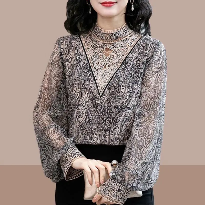 2023 Spring and Autumn Women's New Fashion Commuter Retro Embroidery Printed Lantern Sleeves Comfortable Casual Versatile Top