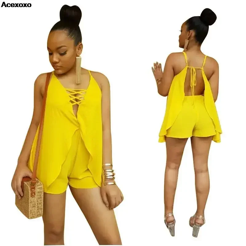 

New summer women's solid color sexy V-neck backless loose two-piece set