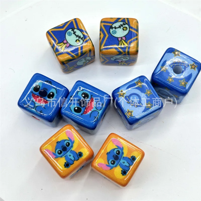 Through Hole 15mm Cartoon Printed Stitch Cute Colorful Square Bead Pen Material Mobile Phone Chain Diy Handmade Loose Beads