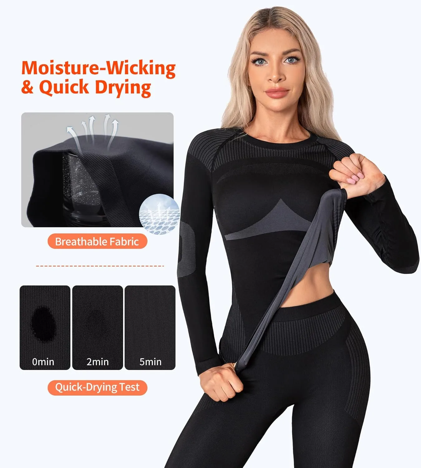 Anfilia Damen Ski-Thermo-Unterwäsche-Sets Feuchtigkeitsableitend & Schnelltrocknend Eng Anliegender Rundhalsausschnitt Nahtlos Gestrickte Basisschicht Lange Unterhosen – Detail 6