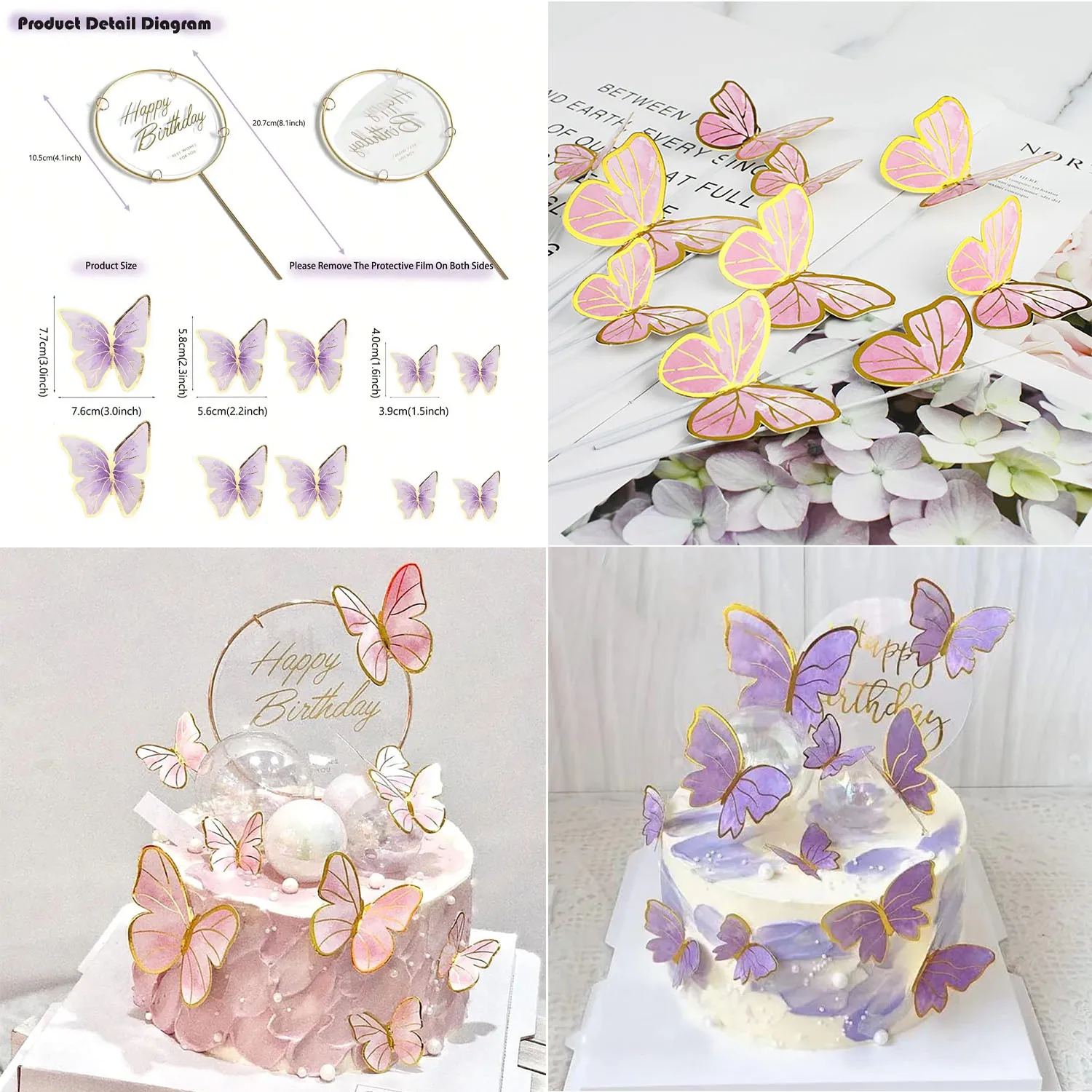 Rosa und lila Schmetterlings-Kuchenaufsätze, 11 Stück Cupcake-Topper, alles Gute zum Geburtstag, Metall-Gold-Topper für Damen-Partydekorationen