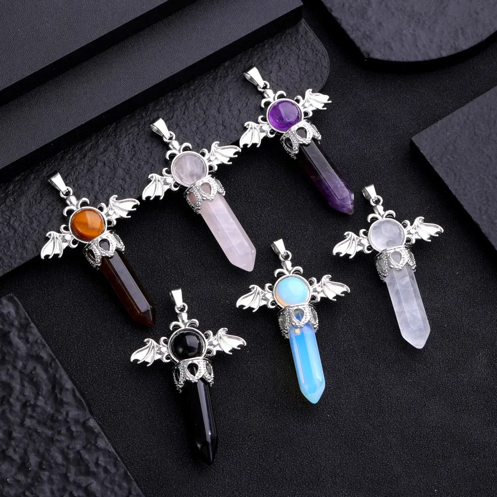 JOYA GIFTNew Hand Carved Natural Crystal Angel Wings Hexagonal pointed pillar Pendant Healing  Calm the Mood Jewelry Gift