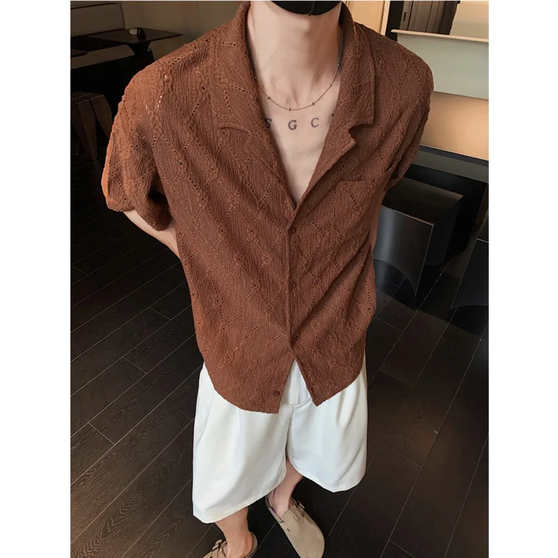 Summer Short Sleeved Shirt Men Fashion Retro Hollowed Out Shirt Men Streetwear Korean Loose Casual Shirt Mens Hawaiian Shirts
