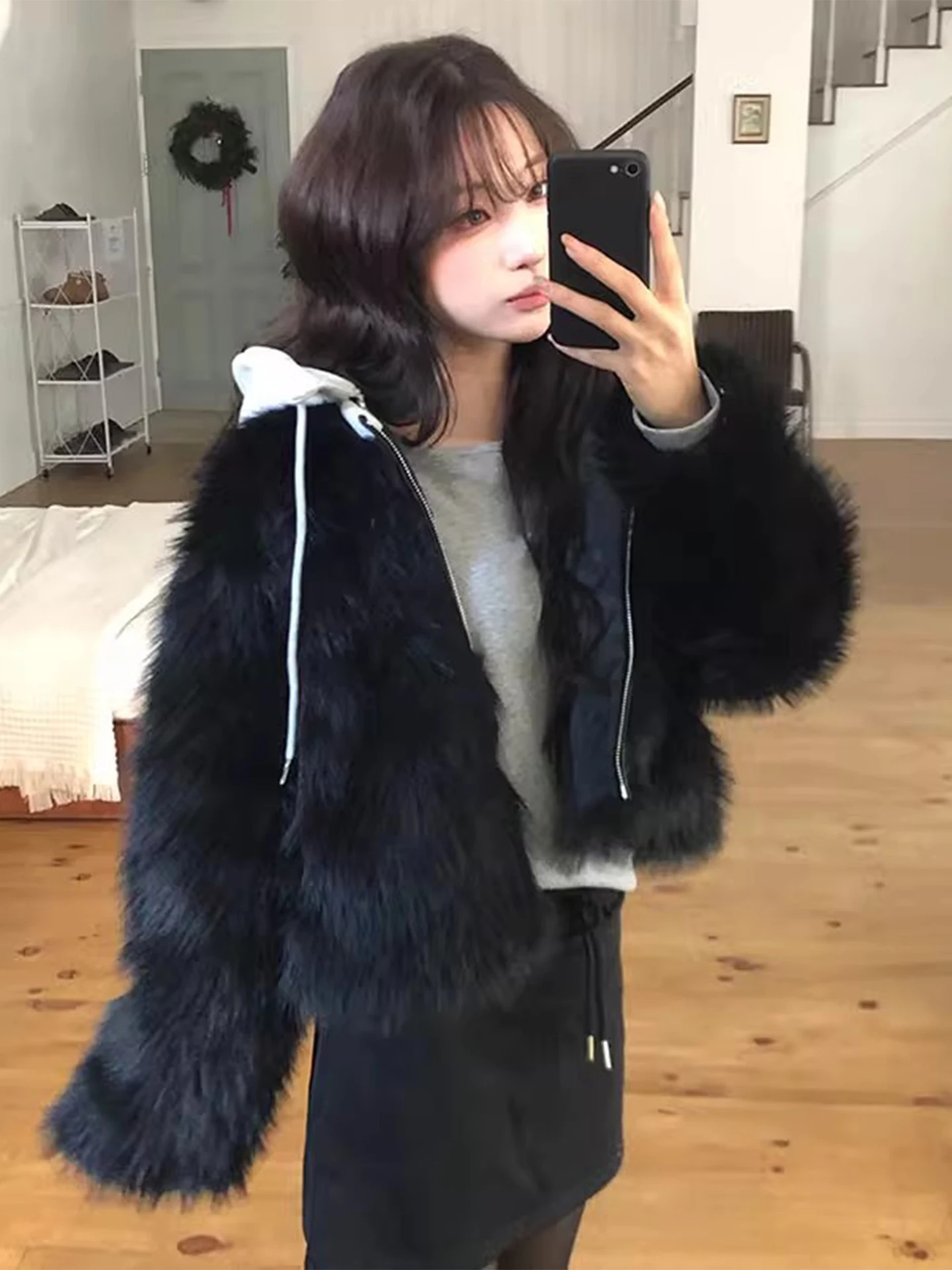 

Clothland Women Elegant Hooded Fur Coat Long Sleeve Zipper White Black Female Outwear Thick Jacket Mujer CB279
