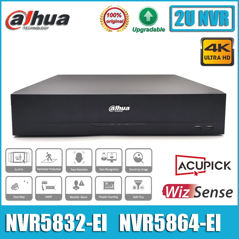 Original Dahua NVR5832-EI, NVR5864-EI 32/64 Channel 4K NVR 2U EPTZ AcuPick 8HDDs ANPR WizSense Network Video Recorder No POE