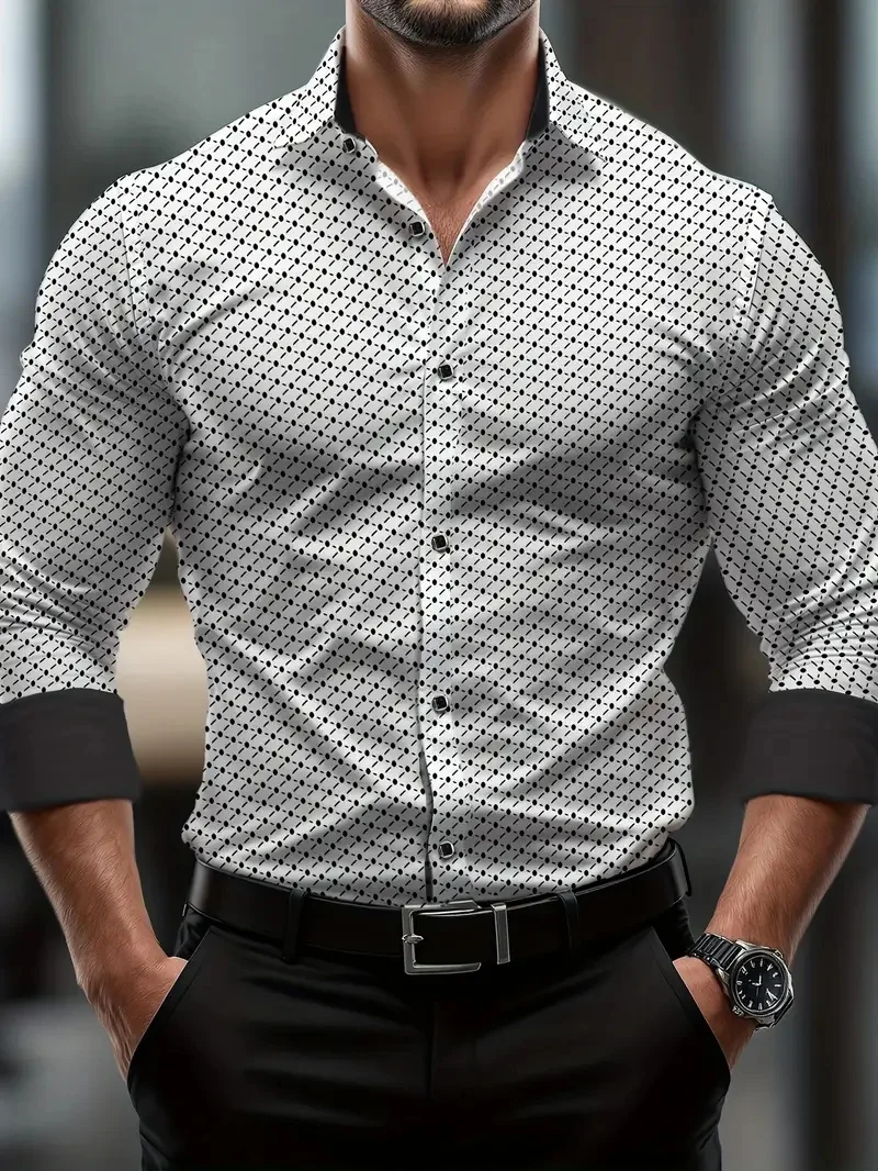 New men's collar shirt with spring casual design, long sleeved shirt, comfortable checkered color blocked men's top