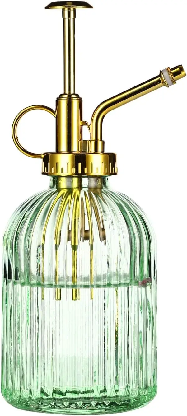 

7.5" Green Glass Plant Mister with Gold Pump, Small Spray Bottle for Indoor Outdoor Plants