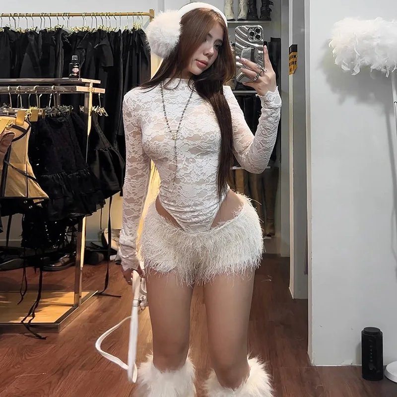 

2025 Autumn Sexy Lace Spicy Girls Elegant 2 Piece Set Women O Neck Full Sleeve Skinny Bodysuit Low Waist Furry Shorts Streetwear