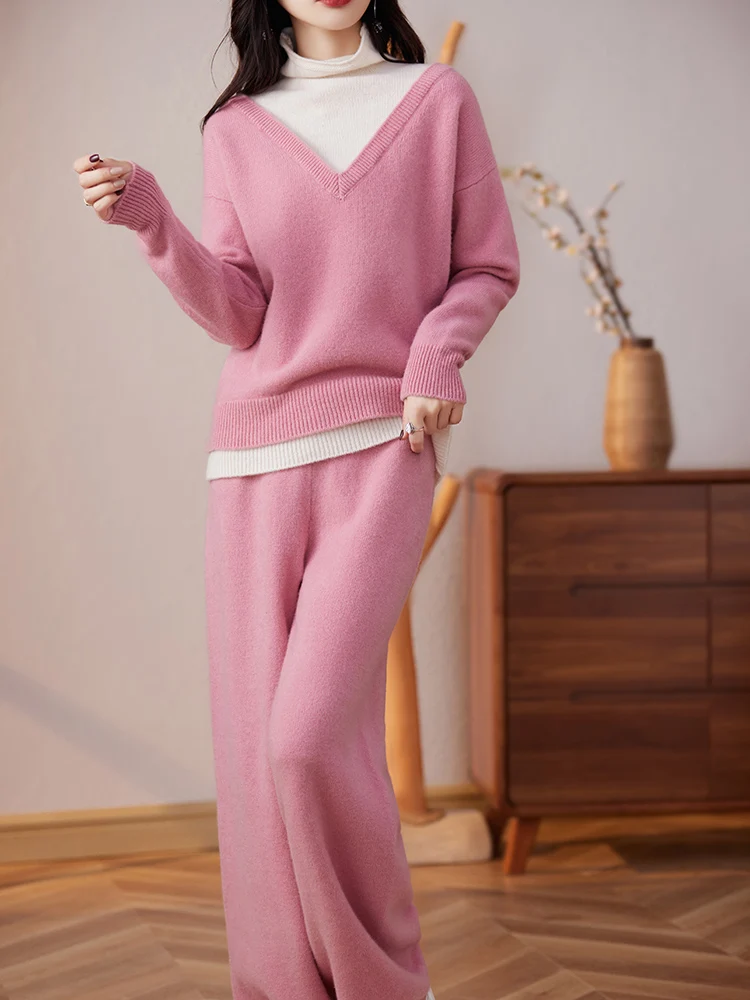 

New Women Cashmere Autumn Winter Sweater Turtleneck Pants Suit Pullover 100% Merino Wool Knitwear Female Casual Two Pieces Set