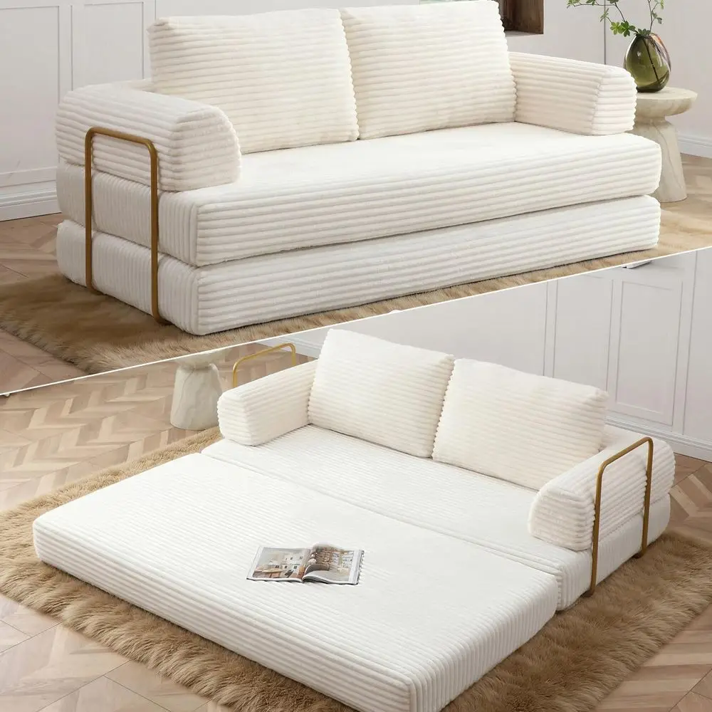 

Convertible Sleeper Sofa Bed, Plush Corduroy Loveseat with Pull-Out Bed, Mixed-Shape Folding Mattress Couch, No Assembly Needed